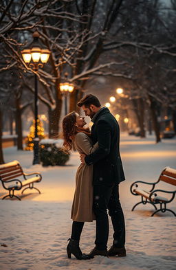 A romantic winter scene during the first snowfall, capturing the essence of love and serenity