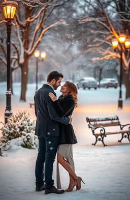 A romantic winter scene during the first snowfall, capturing the essence of love and serenity
