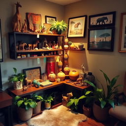 An inexpensive souvenir shelf or corner in a safari-themed office, showcasing an array of colorful and unique souvenirs from African safaris