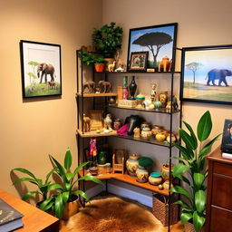 An inexpensive souvenir shelf or corner in a safari-themed office, showcasing an array of colorful and unique souvenirs from African safaris
