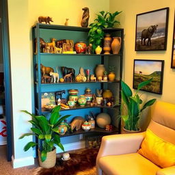 An inexpensive souvenir shelf or corner in a safari-themed office, showcasing an array of colorful and unique souvenirs from African safaris