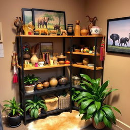 An inexpensive souvenir shelf or corner in a safari-themed office, showcasing an array of colorful and unique souvenirs from African safaris