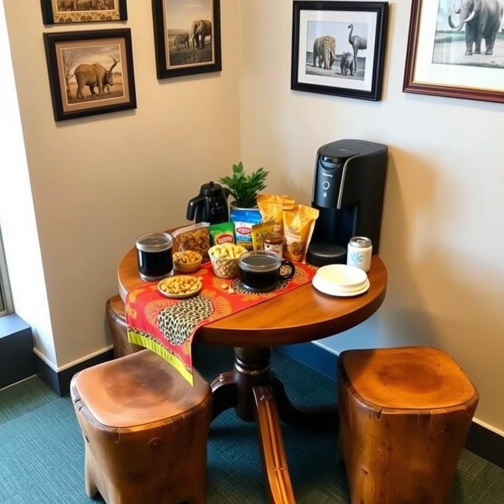 A cozy and inexpensive coffee and snack corner in a safari-themed office