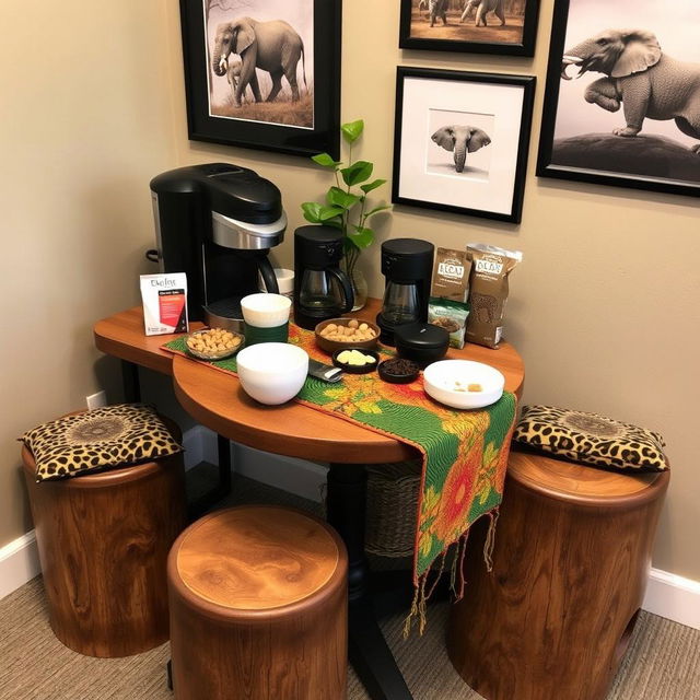 A cozy and inexpensive coffee and snack corner in a safari-themed office