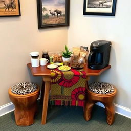 A cozy and inexpensive coffee and snack corner in a safari-themed office