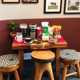 A cozy and inexpensive coffee and snack corner in a safari-themed office