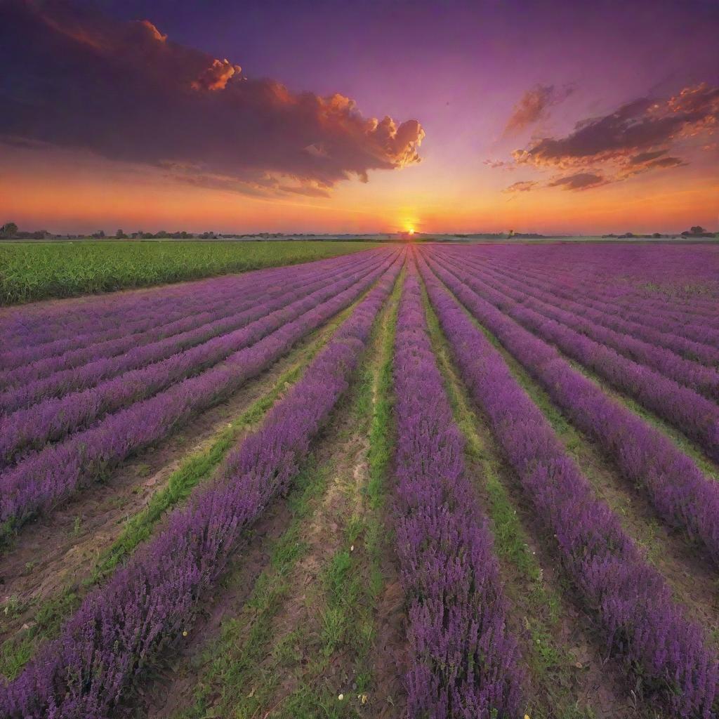 An HDR-rendered image of a vast lush field under a brilliant sunset