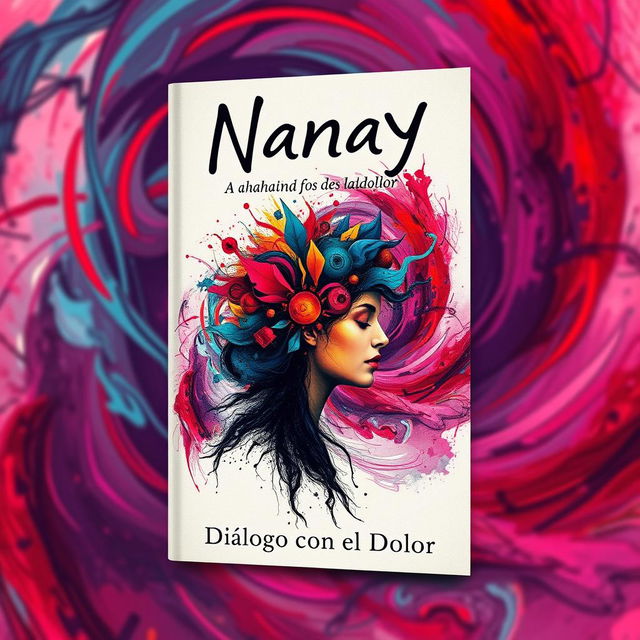 A striking book cover design for 'Nanay: Diálogo con el Dolor' that reflects the concept of a chaotic mind amidst maternal love and pain