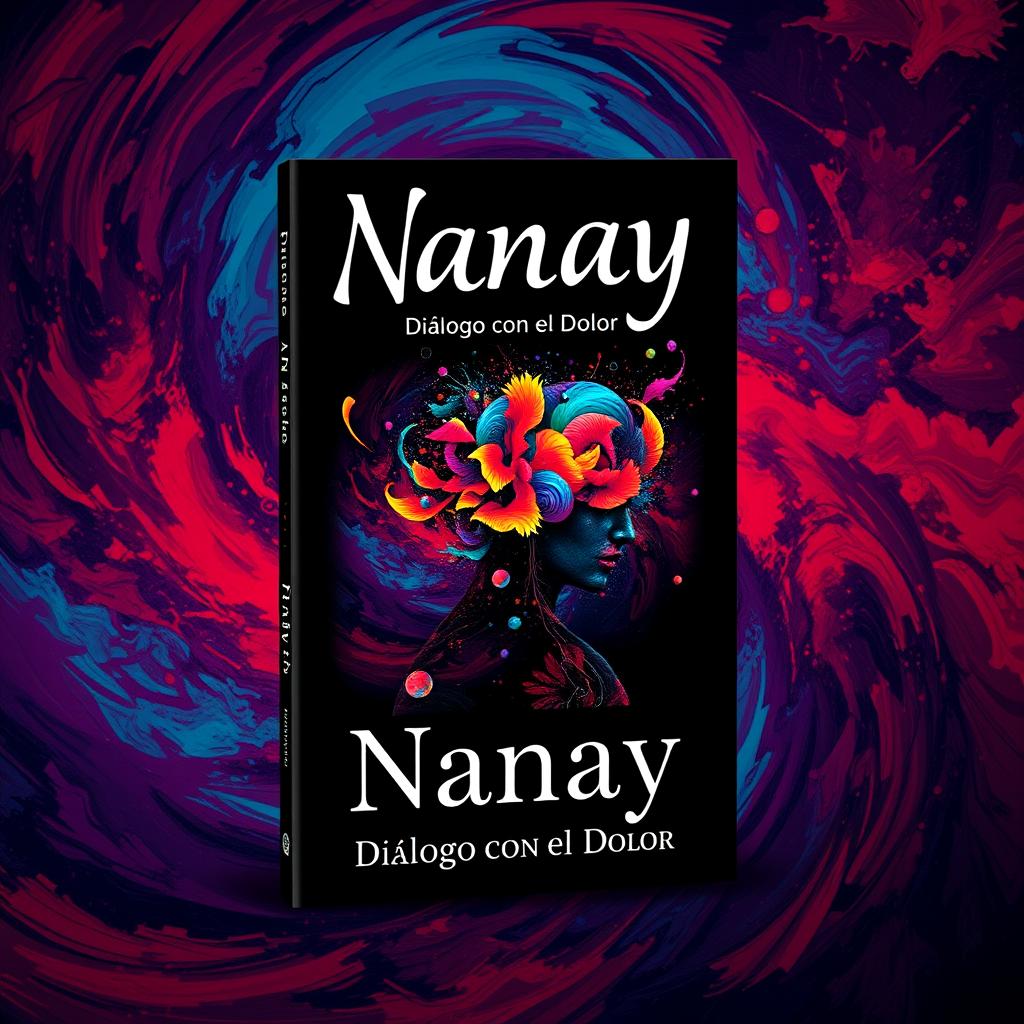 A striking book cover design for 'Nanay: Diálogo con el Dolor' that reflects the concept of a chaotic mind amidst maternal love and pain