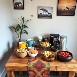 An inexpensive coffee and snack corner featuring just a table in a safari-themed office