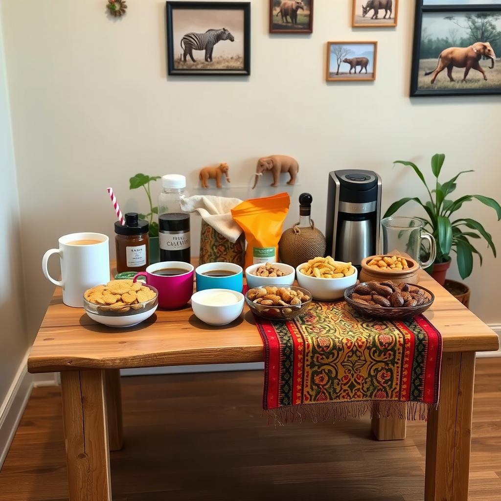 An inexpensive coffee and snack corner featuring just a table in a safari-themed office