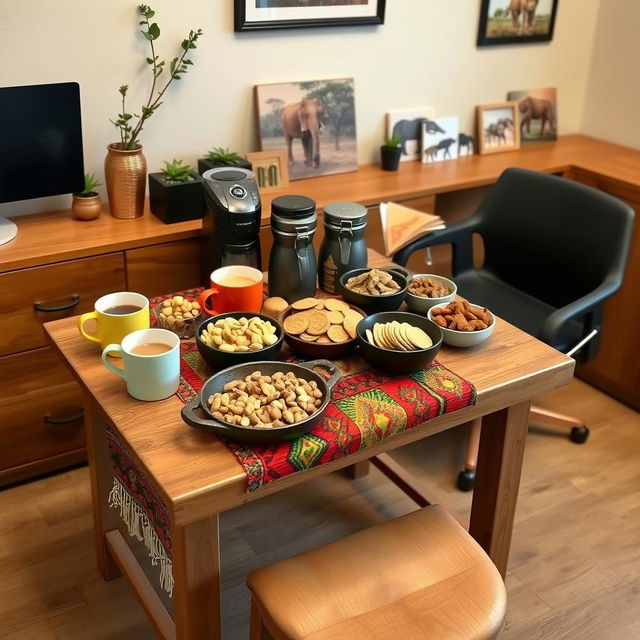 An inexpensive coffee and snack corner featuring just a table in a safari-themed office