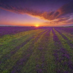 An HDR-rendered image of a vast lush field under a brilliant sunset