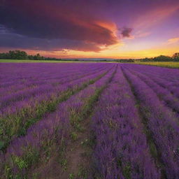 An HDR-rendered image of a vast lush field under a brilliant sunset