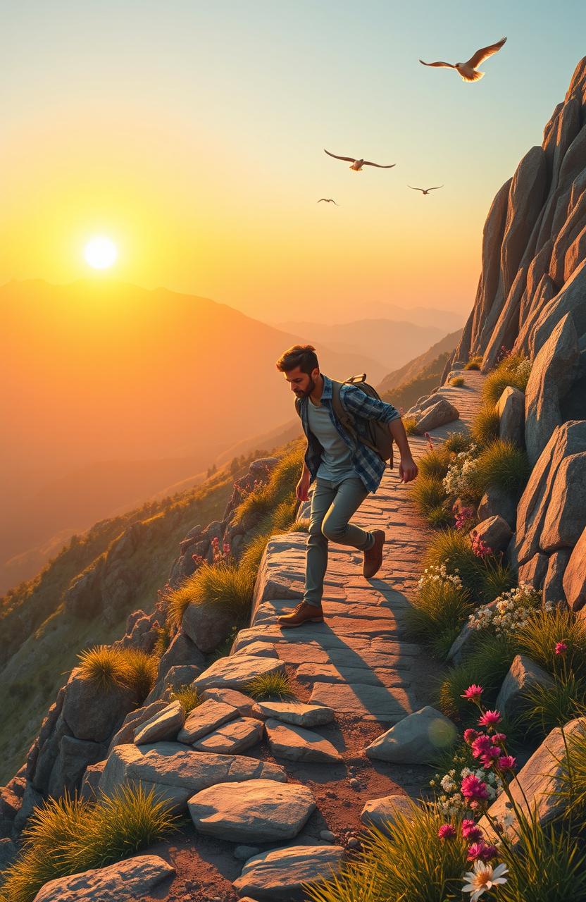 An inspirational and uplifting scene depicting the journey of an individual pursuing their life dream