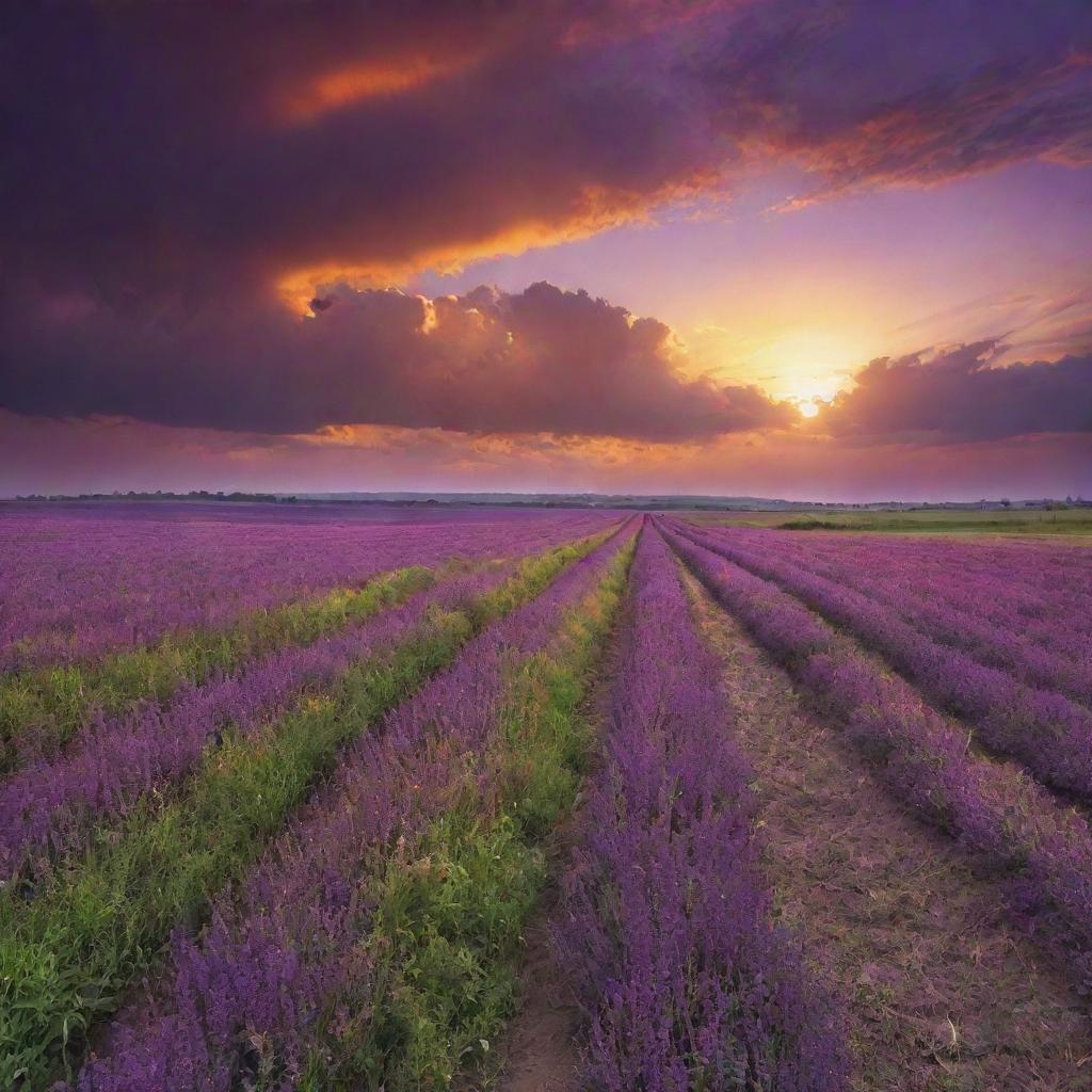 An HDR-rendered image of a vast lush field under a brilliant sunset