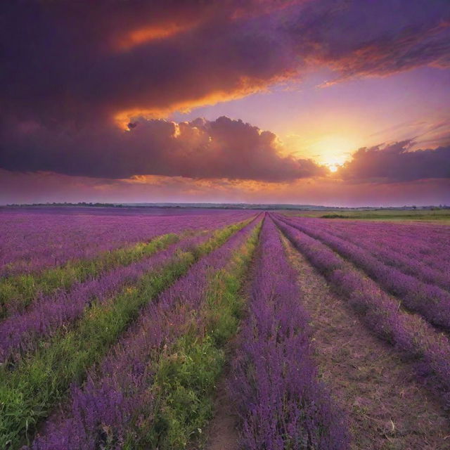 An HDR-rendered image of a vast lush field under a brilliant sunset