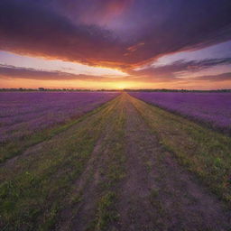 An HDR-rendered image of a vast lush field under a brilliant sunset in a 1920x1080 resolution