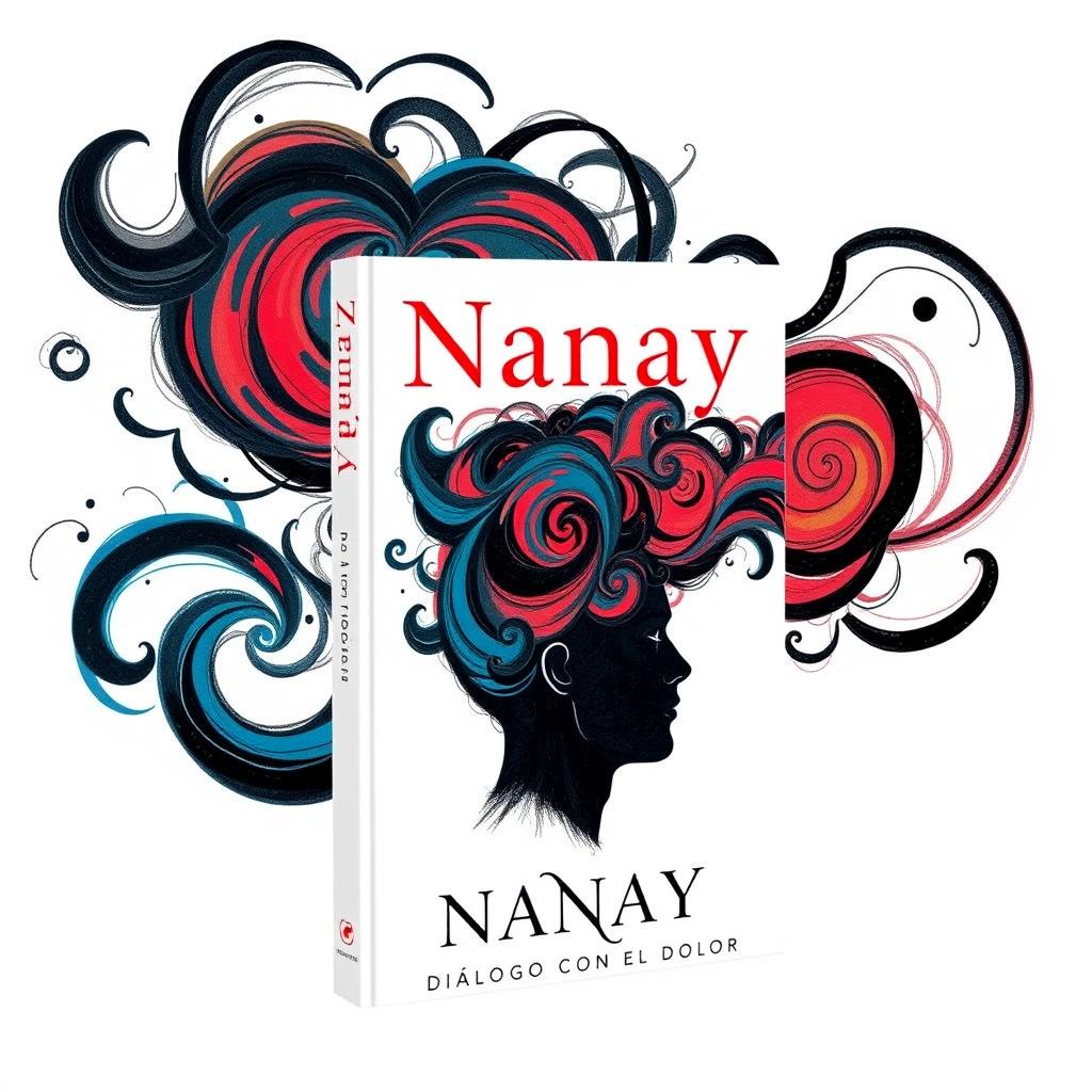 A visually striking book cover design for 'Nanay: Diálogo con el Dolor' featuring a minimalist portrayal of a man with a chaotic mind