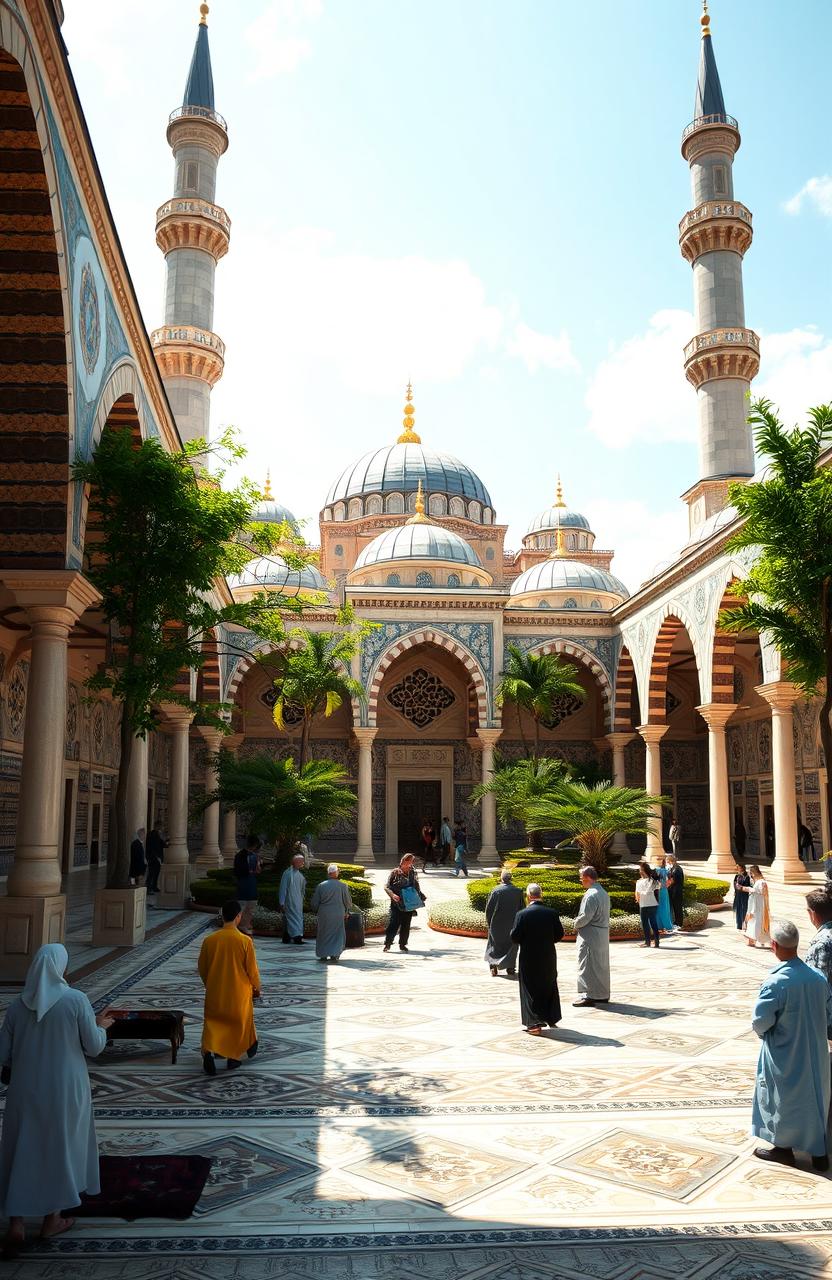 A beautiful Islamic architecture scene featuring an intricately designed mosque, with large domes and elegant minarets under a blue sky