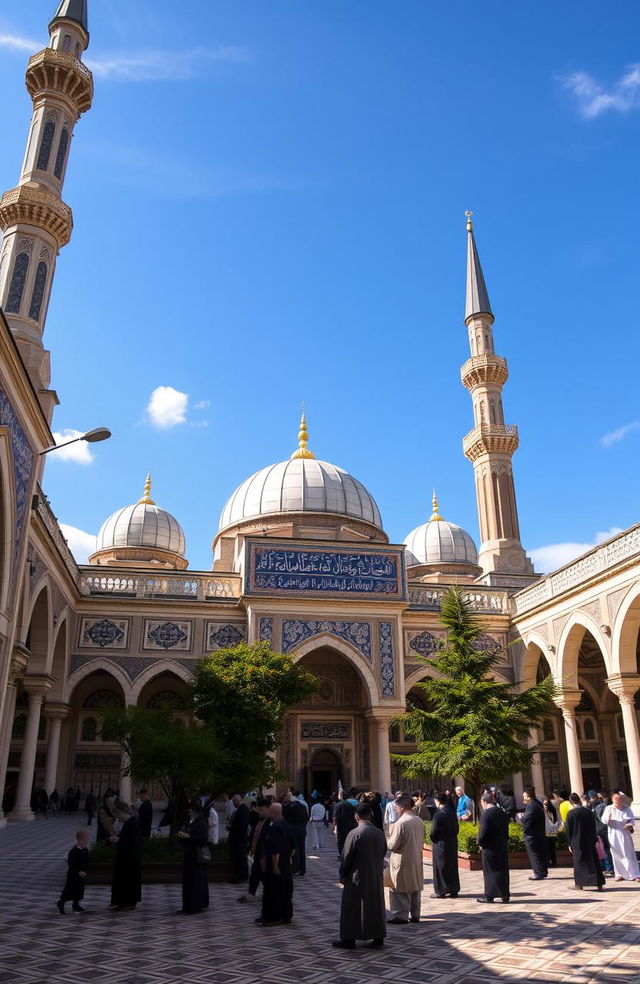 A beautiful Islamic architecture scene featuring an intricately designed mosque, with large domes and elegant minarets under a blue sky