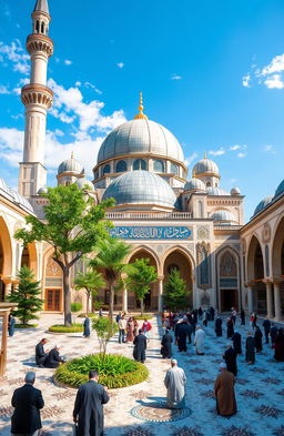 A beautiful Islamic architecture scene featuring an intricately designed mosque, with large domes and elegant minarets under a blue sky