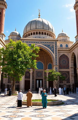 A beautiful Islamic architecture scene featuring an intricately designed mosque, with large domes and elegant minarets under a blue sky