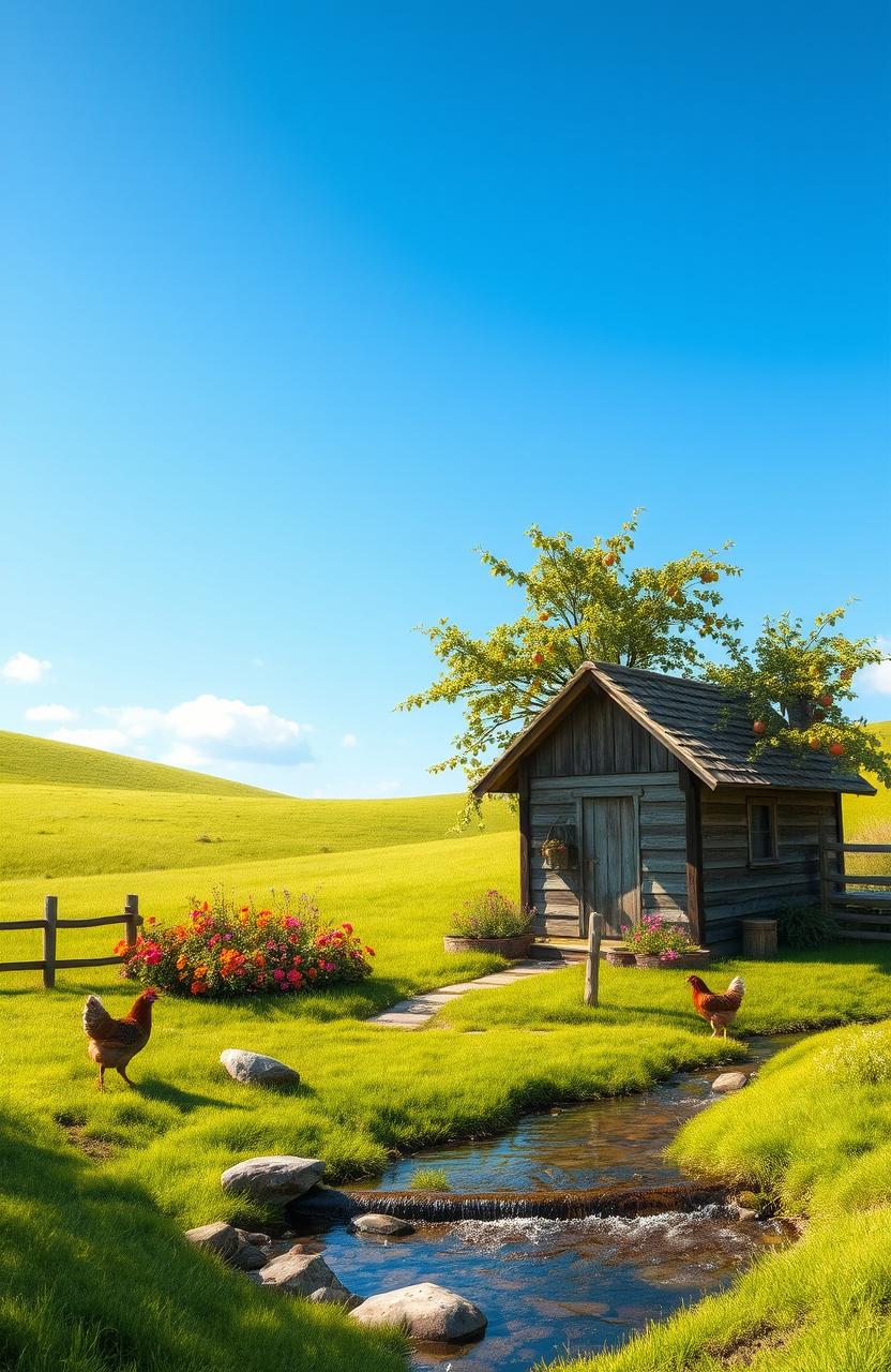 A serene landscape capturing the essence of a simple life, featuring a quaint wooden cottage nestled in a lush green meadow under a clear blue sky