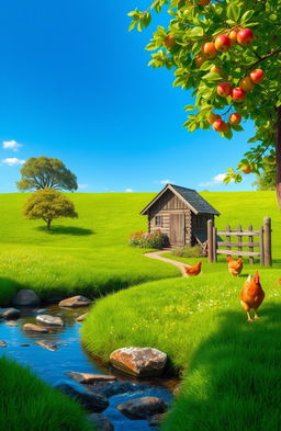 A serene landscape capturing the essence of a simple life, featuring a quaint wooden cottage nestled in a lush green meadow under a clear blue sky