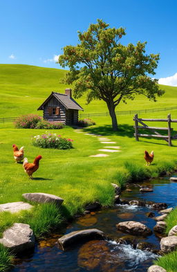 A serene landscape capturing the essence of a simple life, featuring a quaint wooden cottage nestled in a lush green meadow under a clear blue sky