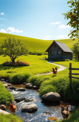 A serene landscape capturing the essence of a simple life, featuring a quaint wooden cottage nestled in a lush green meadow under a clear blue sky