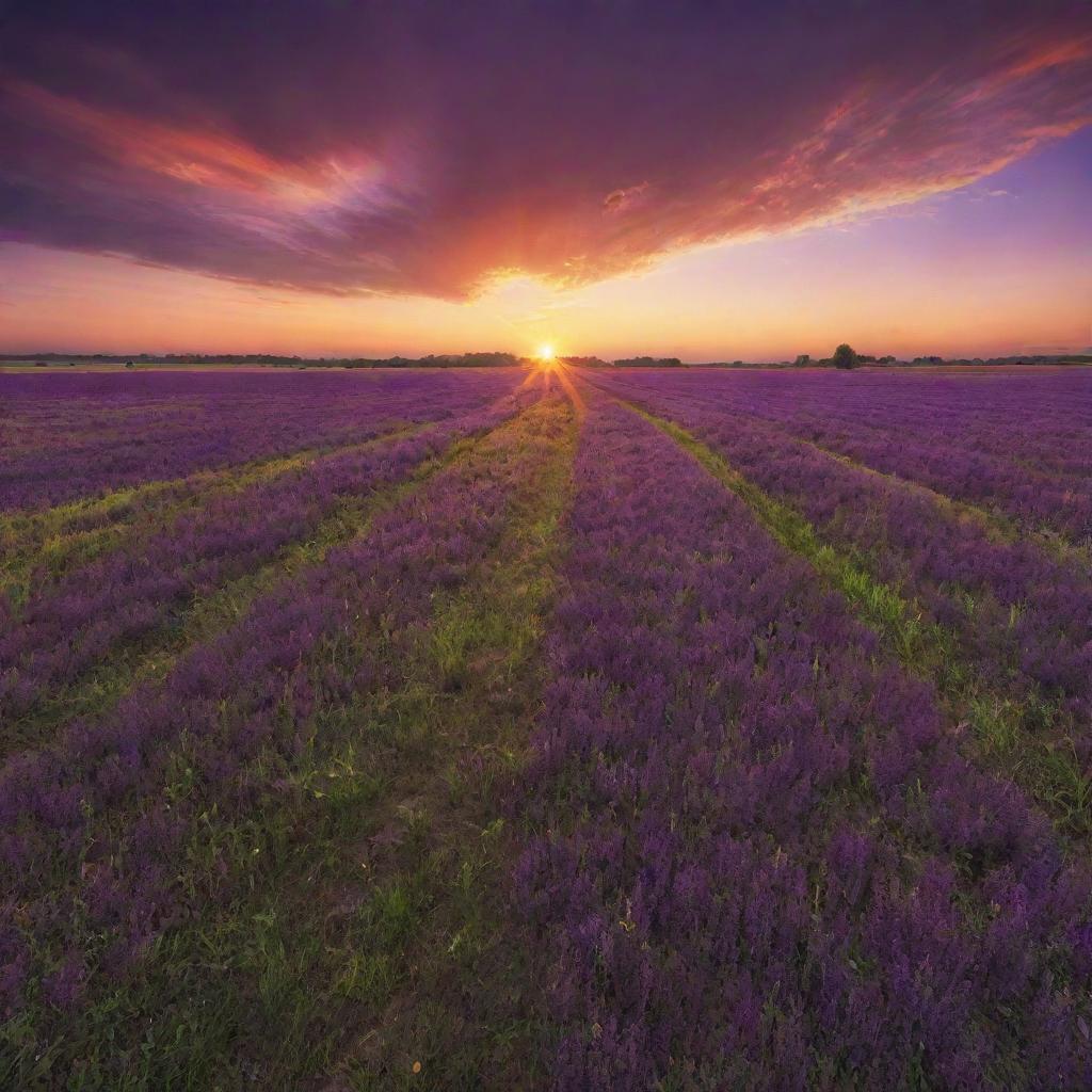 An HDR-rendered image of a vast lush field under a brilliant sunset in a 1920x1080 resolution