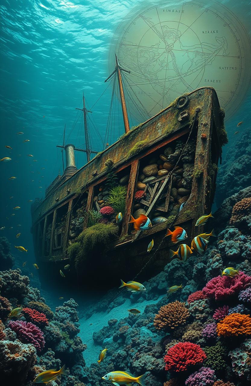 A mystical underwater scene depicting a sunken ship resting on the seabed, surrounded by vibrant coral reefs and schools of colorful fish