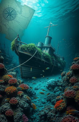 A mystical underwater scene depicting a sunken ship resting on the seabed, surrounded by vibrant coral reefs and schools of colorful fish