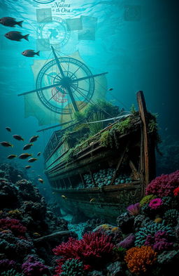 A mystical underwater scene depicting a sunken ship resting on the seabed, surrounded by vibrant coral reefs and schools of colorful fish