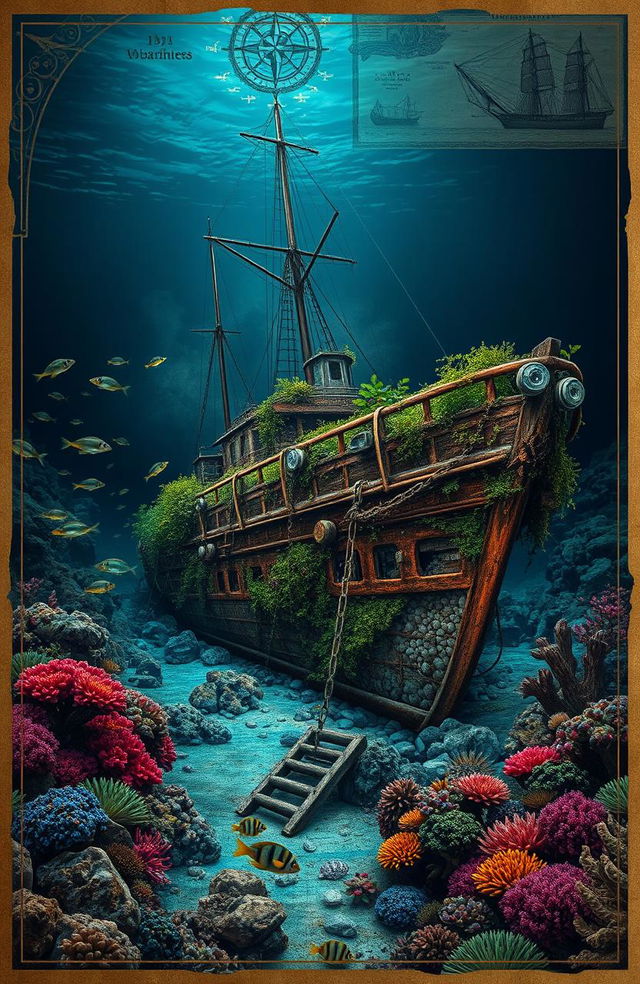 A mystical underwater scene depicting a sunken ship resting on the seabed, surrounded by vibrant coral reefs and schools of colorful fish