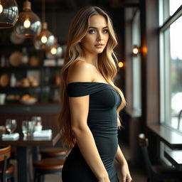 A full body portrait of a beautiful woman with long hair, wearing a fitted black dress that accentuates her curves, standing in a stylish café with soft lighting, highly detailed