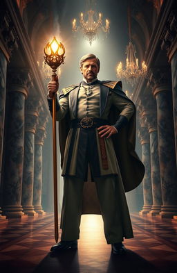 A powerful figure standing confidently in a grand, historic hall, adorned with intricate architectural details