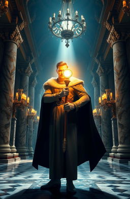 A powerful figure standing confidently in a grand, historic hall, adorned with intricate architectural details