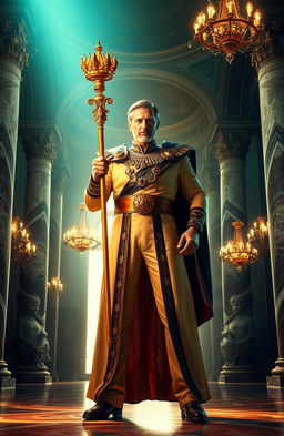 A powerful figure standing confidently in a grand, historic hall, adorned with intricate architectural details