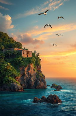 A stunning visual representation of Devils Island, depicting its lush green tropical landscape, rocky cliffs, and clear blue ocean waters