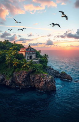 A stunning visual representation of Devils Island, depicting its lush green tropical landscape, rocky cliffs, and clear blue ocean waters