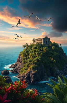 A stunning visual representation of Devils Island, depicting its lush green tropical landscape, rocky cliffs, and clear blue ocean waters
