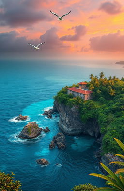 A stunning visual representation of Devils Island, depicting its lush green tropical landscape, rocky cliffs, and clear blue ocean waters