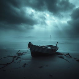 A chilling scene depicting a small, weathered boat washed ashore on a desolate beach, under an ominous, stormy sky