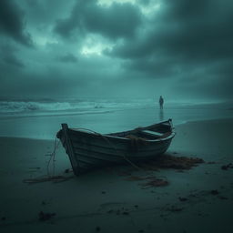 A chilling scene depicting a small, weathered boat washed ashore on a desolate beach, under an ominous, stormy sky