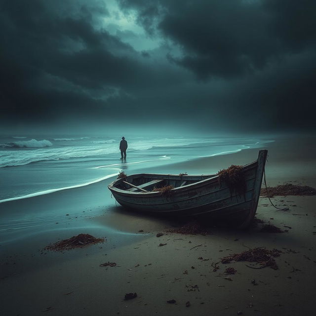 A chilling scene depicting a small, weathered boat washed ashore on a desolate beach, under an ominous, stormy sky