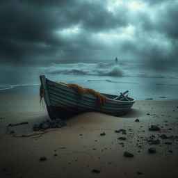 A chilling scene depicting a small, weathered boat washed ashore on a desolate beach, under an ominous, stormy sky