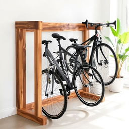 A stylish indoor DIY wooden bicycle rack designed to store up to five bicycles