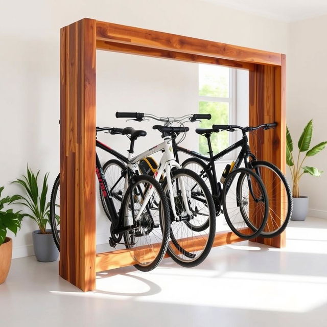 A stylish indoor DIY wooden bicycle rack designed to store up to five bicycles